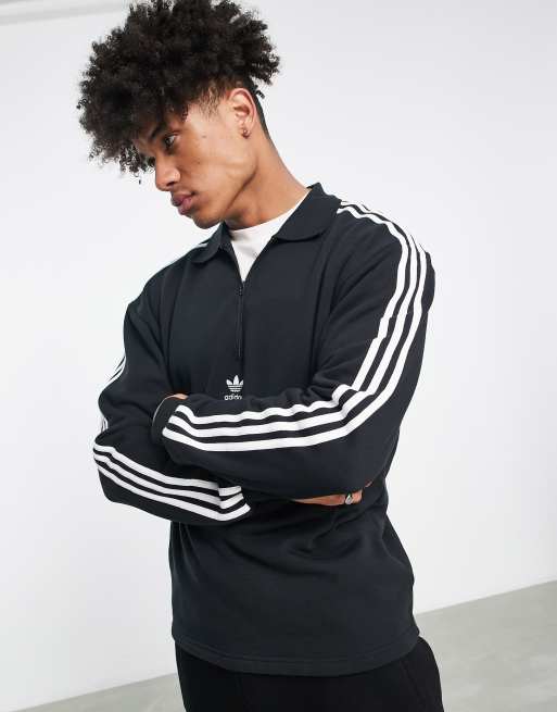 adidas Originals adicolor three stripe long sleeve polo top in black