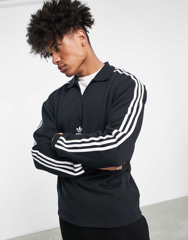 adidas Originals adicolor three stripe long sleeve polo top in black 2