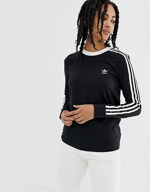 adidas Originals adicolor three stripe long sleeve t-shirt in black