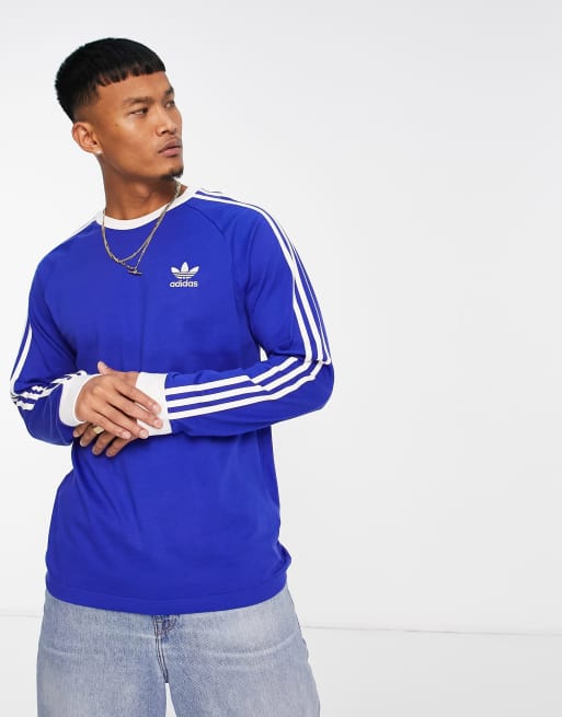 adidas adicolor three stripe long t-shirt in blue | ASOS