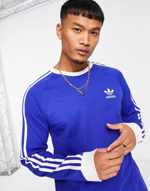 adidas adicolor three stripe long t-shirt in blue | ASOS