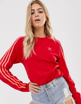 adidas Originals adicolor three stripe long sleeve t-shirt in red | ASOS