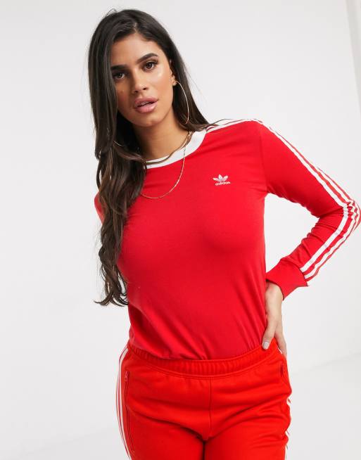 adidas Originals adicolor three stripe long sleeve t-shirt in red | ASOS