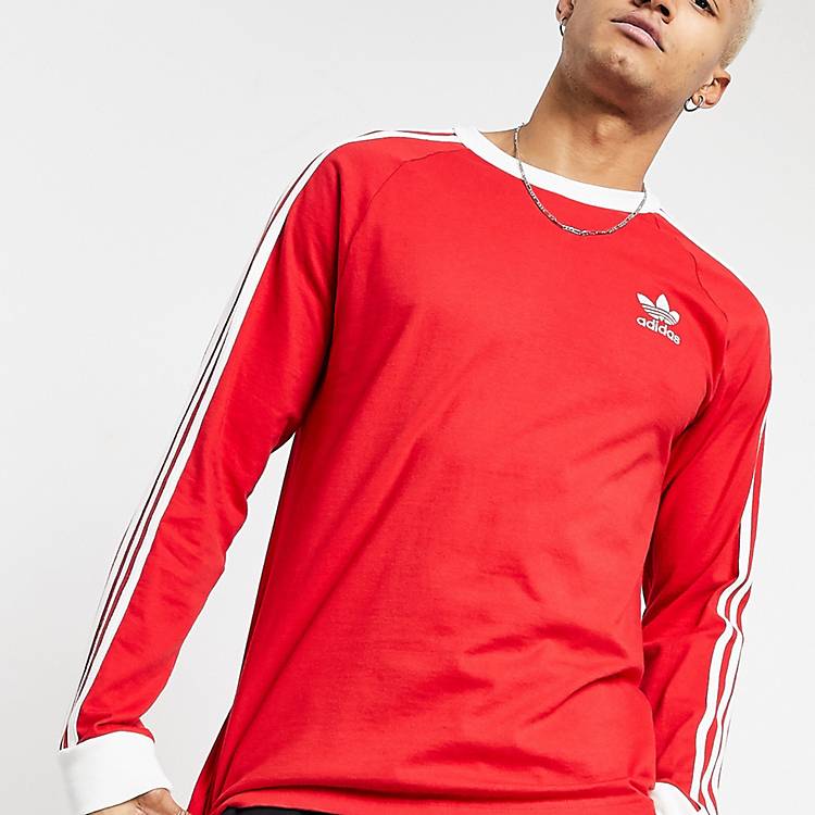 adidas Originals adicolor three stripe long sleeve t-shirt in red | ASOS