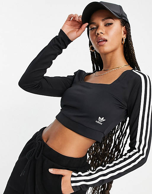 Women adidas Originals adicolor three stripe long sleeve top in black with square neck 