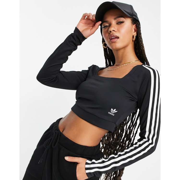 Adidas originals three stripe cropped shop long sleeve top in black