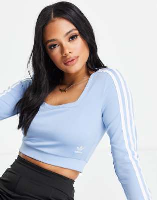 Adidas Originals Adicolor Three Stripe Long Sleeve Top In Blue With Square Neck-blues