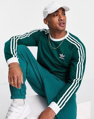 adidas Originals adicolor three stripe long sleeve top in collegate green