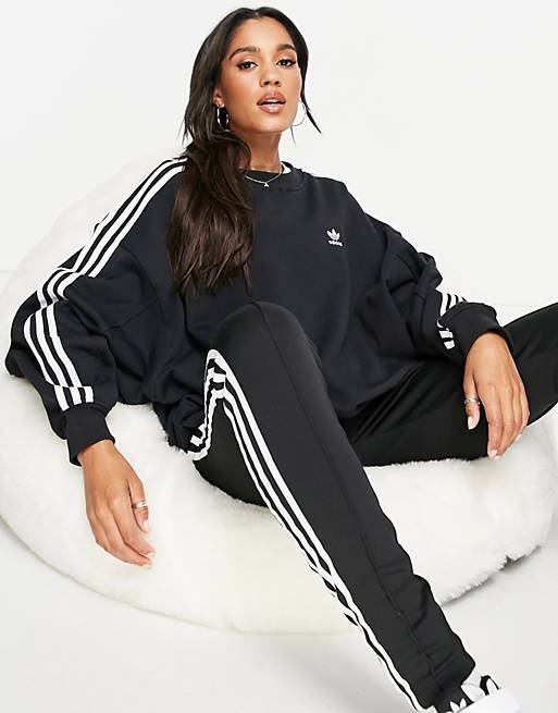 Women adidas Originals adicolor three stripe oversized sweatshirt in black 