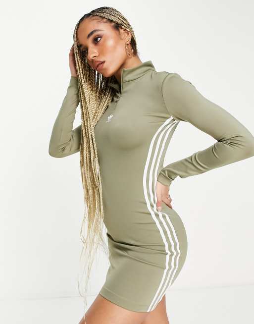 adidas Originals adicolor three stripe quarter zip dress in khaki