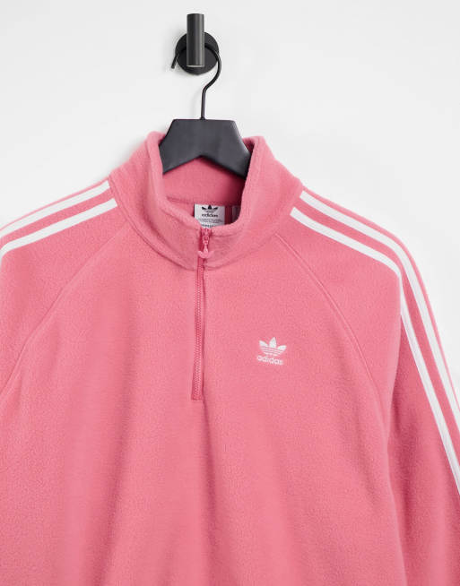 adidas Originals adicolor three stripe quarter zip fleece sweatshirt in hazy rose