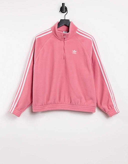 adidas Originals adicolor three stripe quarter zip fleece sweatshirt in  hazy rose