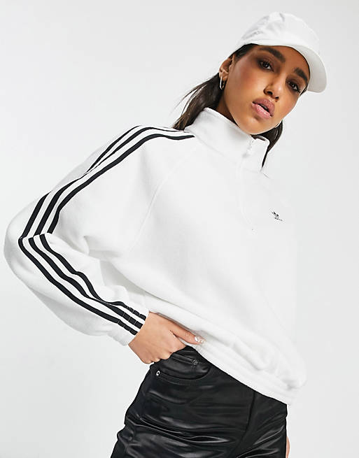  adidas Originals adicolor three stripe quarter zip fleece sweatshirt in white 