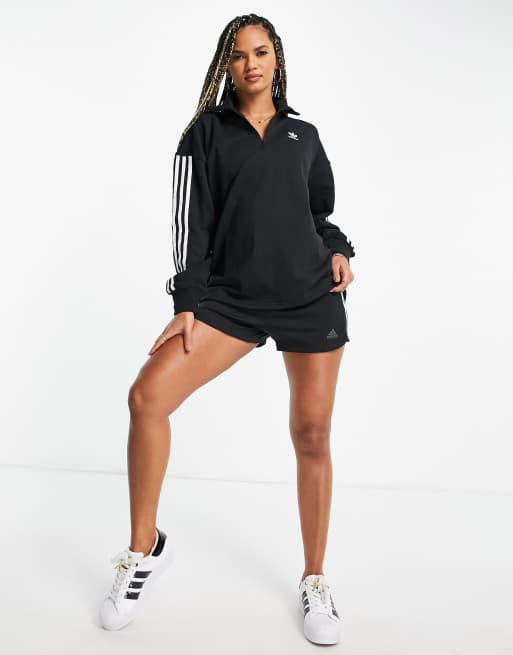 Adidas originals adicolor three stripe quarter zip fleece sweatshirt in black 2025