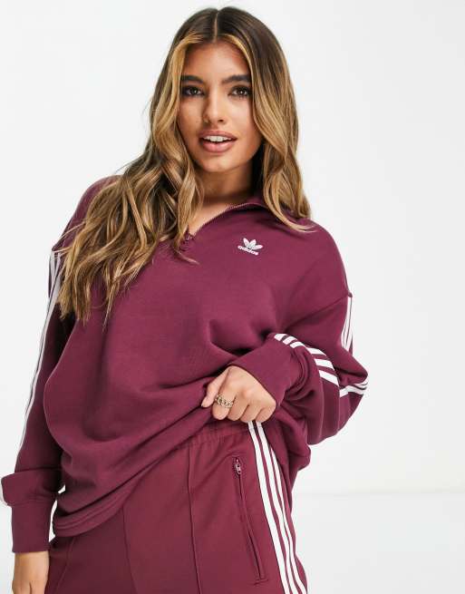 adidas Originals adicolor three stripe quarter sweatshirt in crimson | ASOS