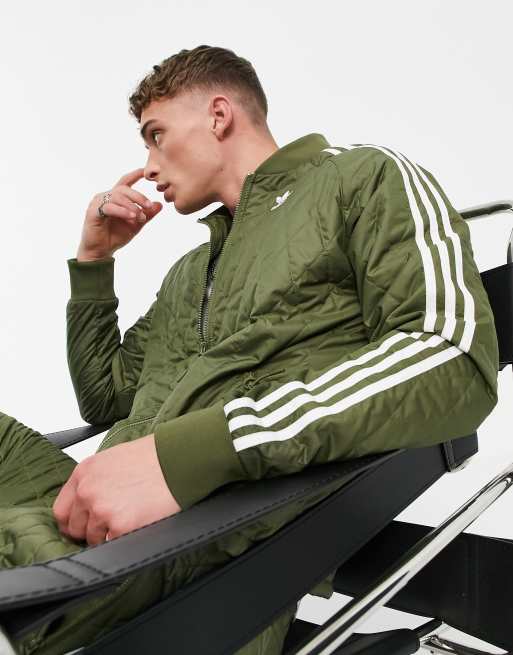 adidas Originals adicolor three stripe quilted track jacket in khaki