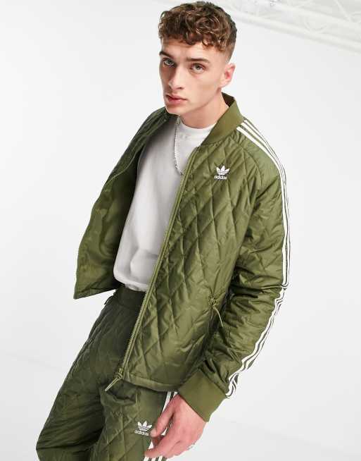 adidas Originals adicolor three stripe quilted track jacket in khaki