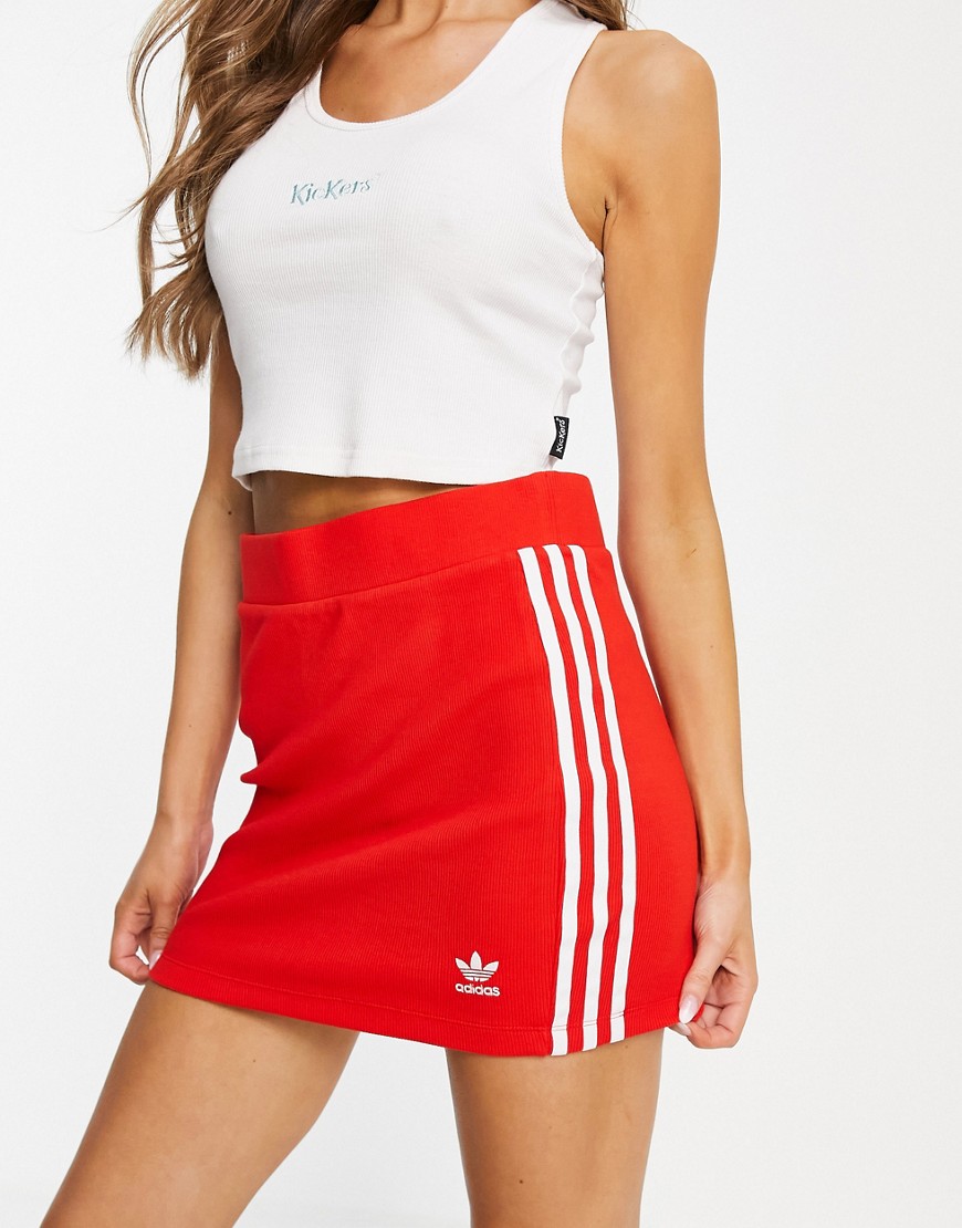 Adidas Originals adicolor three stripe ribbed mini skirt in red