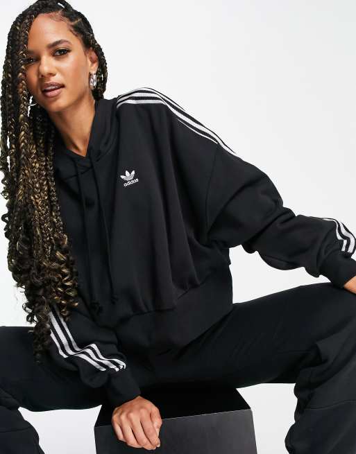 Adidas originals adicolor three stripe cropped hoodie hot sale in black