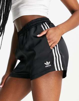 adidas Originals adicolor three stripe satin look shorts in black