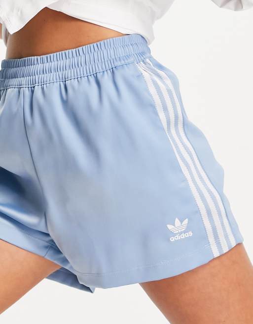 adidas Originals adicolor three stripe satin look shorts in blue