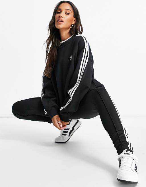 adidas 3-Stripes Oversized Crew Sweatshirt - Black, Women's Lifestyle