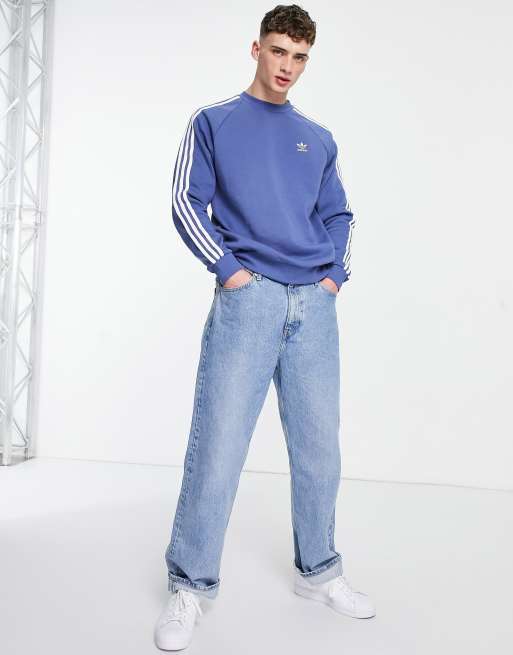 Adidas originals three stripe sweatshirt top in blue