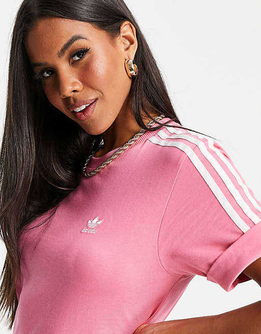  adidas Originals adicolor three stripe t-shirt dress in pink 