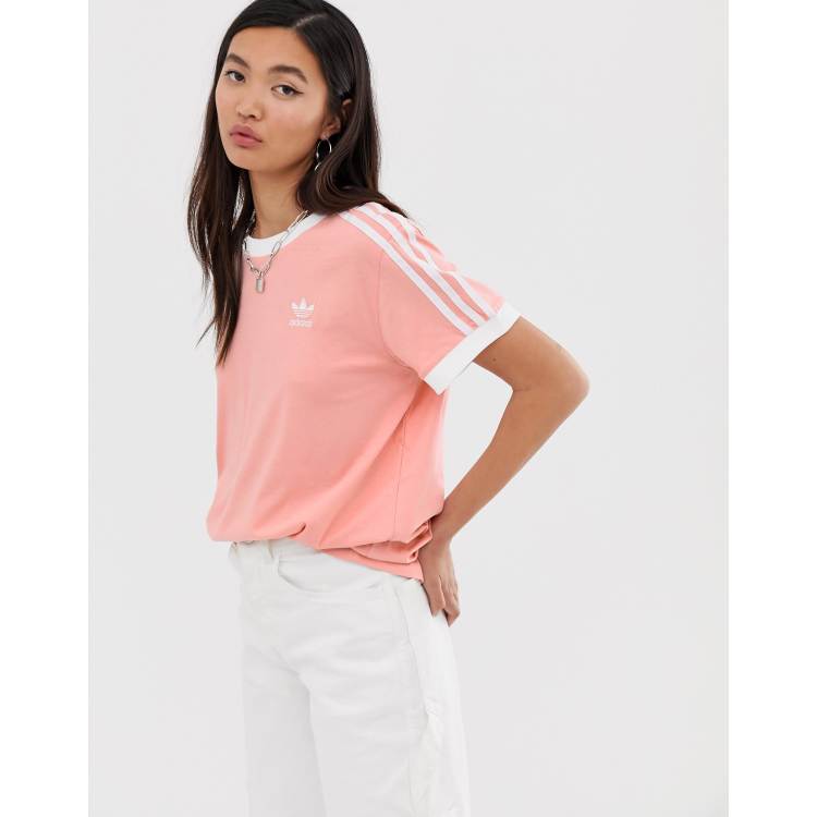 Adidas 3 stripe t shirt women's pink clearance