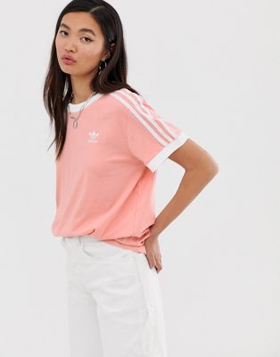 adidas pink 3 stripe t shirt