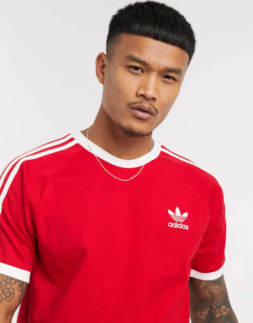 Red adidas three stripe t shirt sale