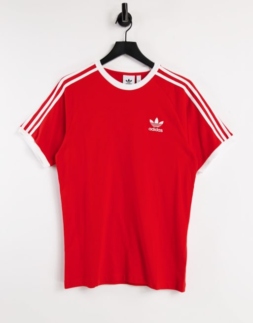 Red adidas three stripe discount t shirt