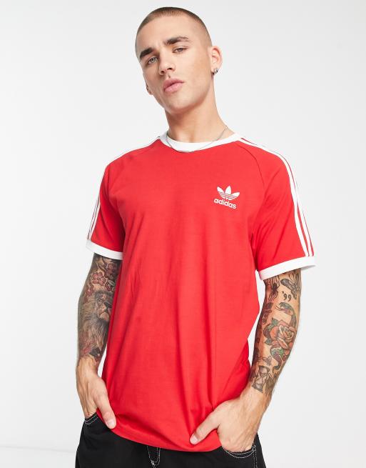 Red adidas three stripe t shirt sales