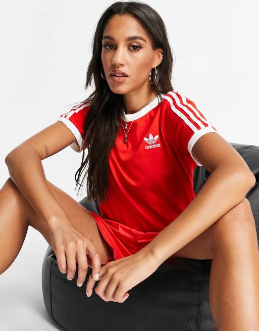 Red adidas three stripe t shirt discount