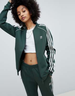 adidas originals adicolor three stripe track jacket in green