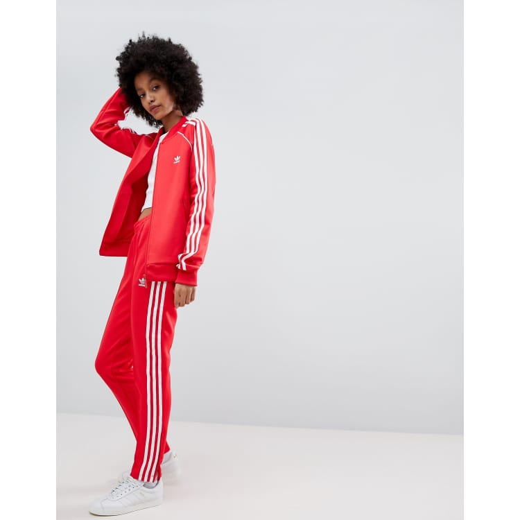 adidas Originals adicolor three stripe wide leg track pants in crimson