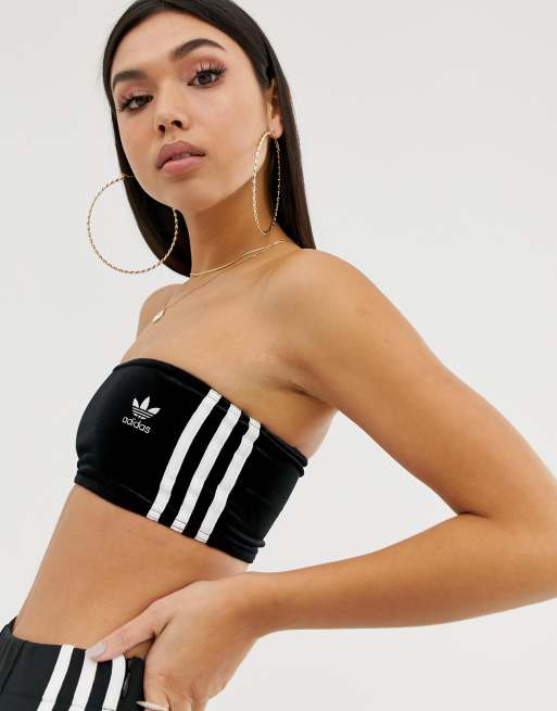adidas Originals adicolor three stripe velvet bandeau bralette in