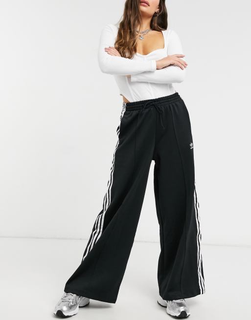 adidas Originals adicolor three stripe wide leg pants in black