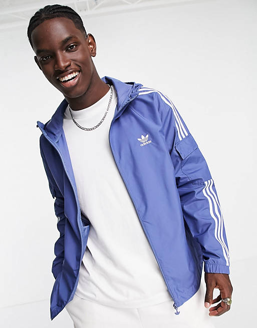adidas Originals adicolor three stripe windbreaker jacket in blue
