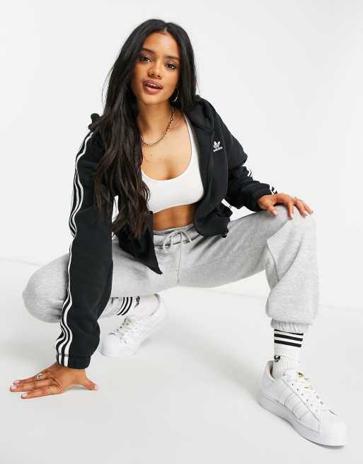 Adidas originals three stripe zip thru hoodie in black outlet