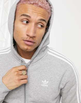 adidas originals three stripe zip thru hoodie in grey
