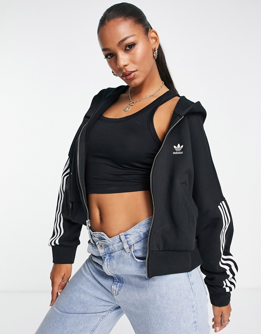 Adidas Originals adicolor tonal three stripe zip up hoodie in black