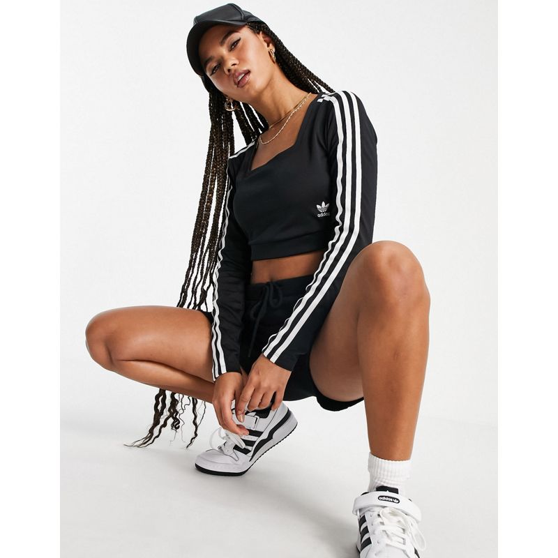 Donna Activewear adidas Originals - adicolor - Top a maniche lunghe nero con scollo squadrato e tre strisce