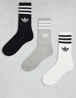 adidas Originals adidas Originals adicolor Trefoil 3 pack crew socks in black white and grey-Multi