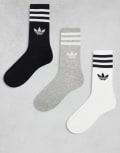 [adidas Originals] adidas Originals Adicolor Trefoil 3 pack crew socks in black, white and grey-Multi 40-42 white/medium grey heather