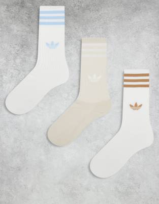 adidas Originals adicolor Trefoil 3 pack crew socks in white and beige