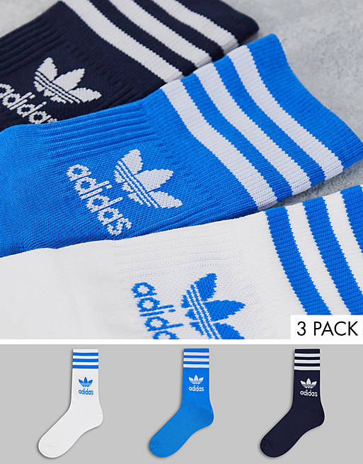adidas Originals adicolor Trefoil 3 pack mid cut socks in blue