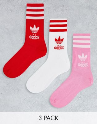adidas Originals adicolor Trefoil 3 pack mid cut socks in pink and red  | ASOS