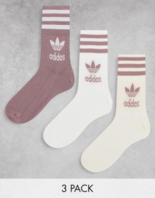 adidas Originals adicolor Trefoil 3 pack mid cut socks in white and brown