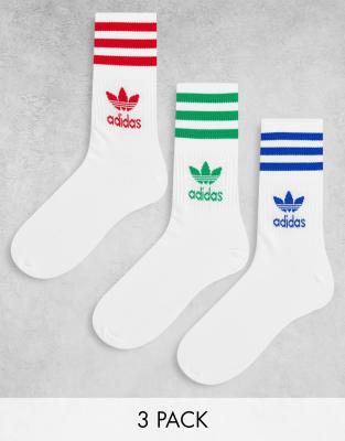 adidas Originals adidas Originals adicolor Trefoil 3 pack mid cut socks in white with coloured three stripes